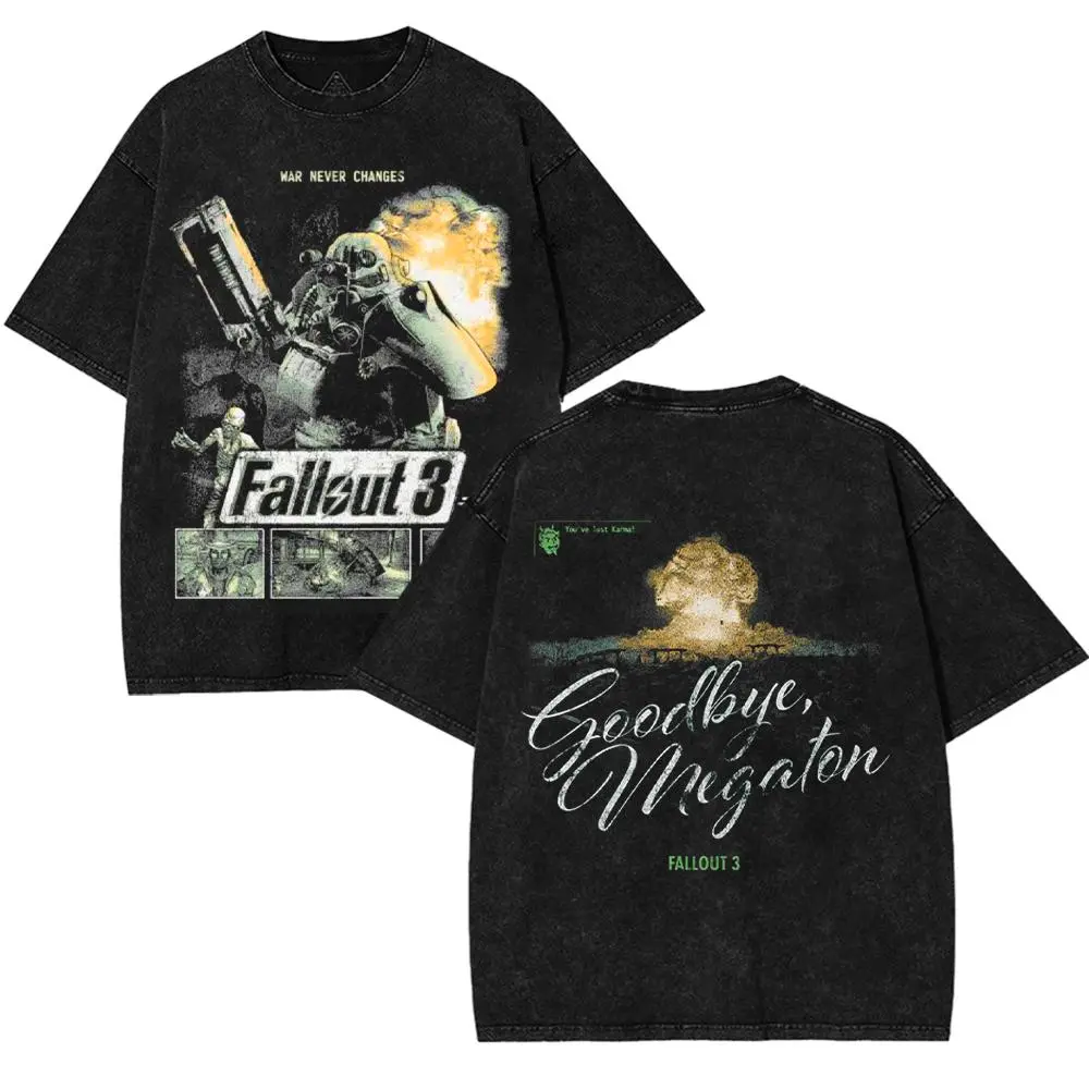 Vintage Fallout 3 war never changes gb megaton Men's Wash Unisex Game Shirt Cotton Streetwear Comics Double-Side Washed T-shirt Gaming Retro Black Tee Top graphic graphic tee Casual Menswear men graphic tees men gifts outfits men