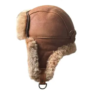 Leather Aviator Ushanka Trapper Shearling Sheepskin Fur Ear Flap Waterproof Winter Hat - Brown, Adjustable Straps, Classic Design for Men & Women