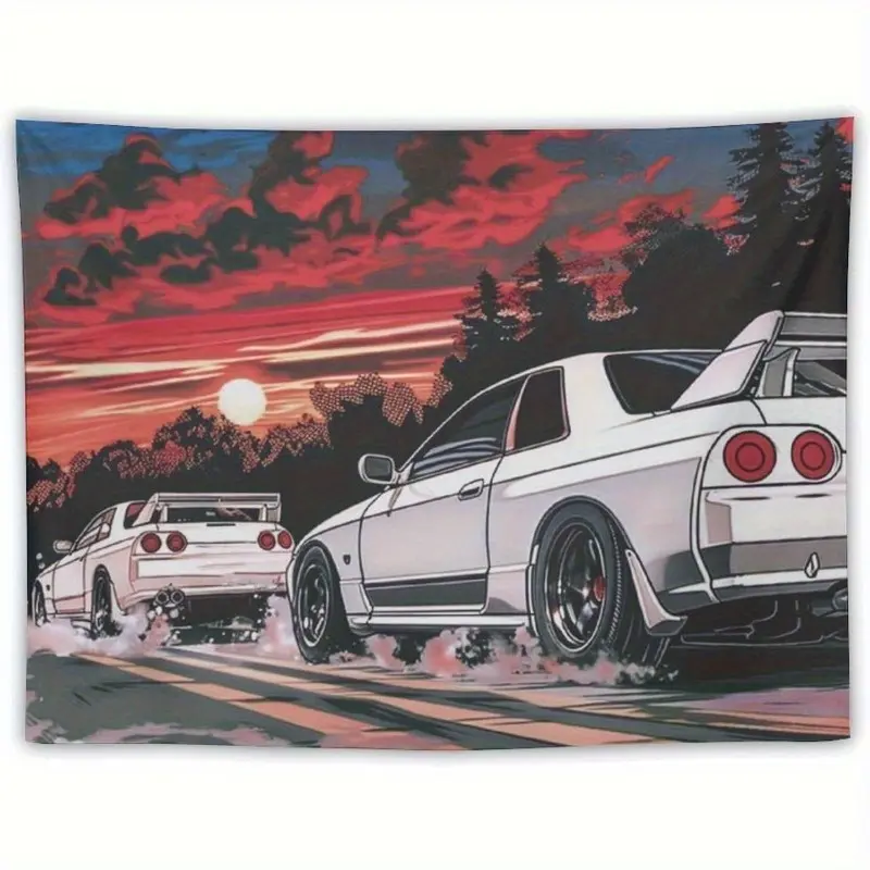Japanese Retro Racing Wall Tapestry - 1 Artistic Print with Vibrant Sunset & White Sports Cars, Home Decor for Bedrooms & Living Rooms