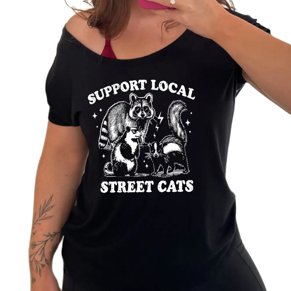 C V G Women's Support Local Street Cats Graphic Tshirt, Slouchy Off-the-Shoulder Short Sleeve Viscose Streetwear