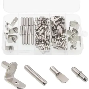 Shelf Support Pegs Kit, 94 Pcs 4 Styles 5mm Nickel Plated Cabinet Shelf Bracket Pegs, Shelf Pins Holders for Bookcase Kitchen Closet Furniture Cabinet