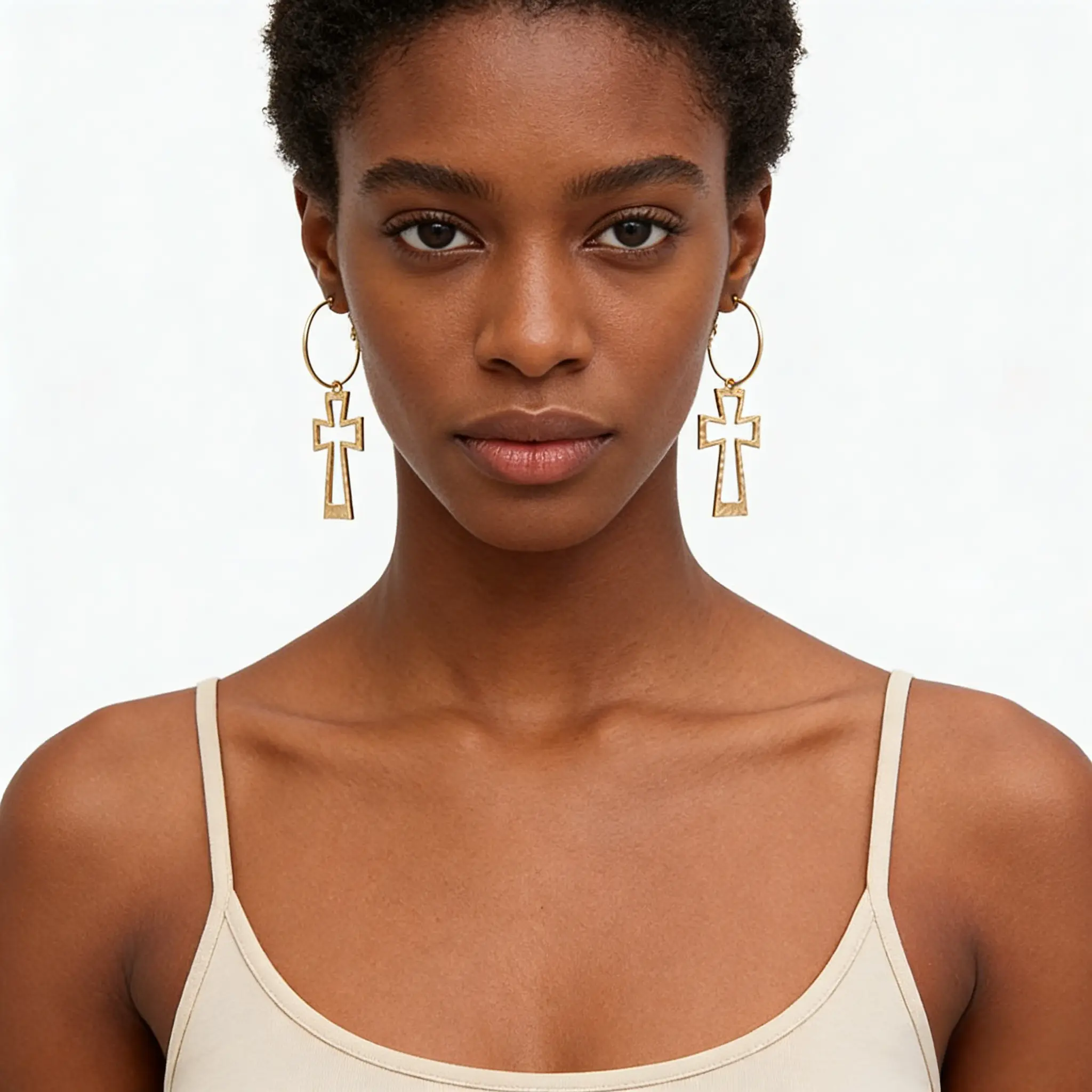 Gold Hoop Earrings with Cross Charm, Textured Metal, Statement Dangle Style