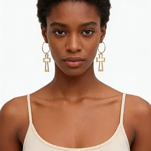 Gold Hoop Earrings with Cross Charm, Textured Metal, Statement Dangle Style