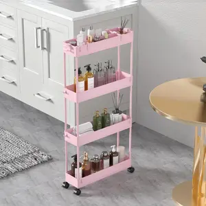 Slim Storage Cart 4 Tier,Bathroom Organizer Rolling Utility,Mobile Shelving Unit Slide Out for Office, Kitchen, Laundry Room & Narrow Places,Pink