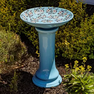 24″ Tall Baby Blue Porcelain Pedestal Birdbath with Hand Painted Cherry Blossoms