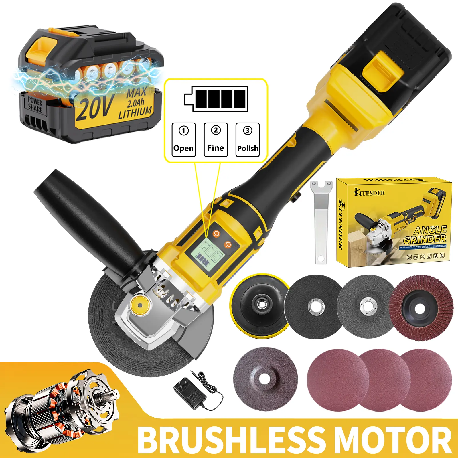 KITESDER Cordless Rotating Head Angle Grinder,11000RPM,Power Angle Grinder for Cutting, Griding, Polishing, Tools