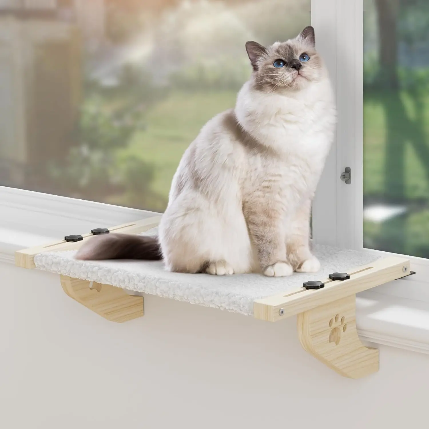 24.4'' XL Cat Window Perch - Heavy Duty Wood & Metal Cat Hammock for Windowsill/Bedside, No-Drill Installation, Supports 50lbs - Premium Kitty Lounge with Suction Cups