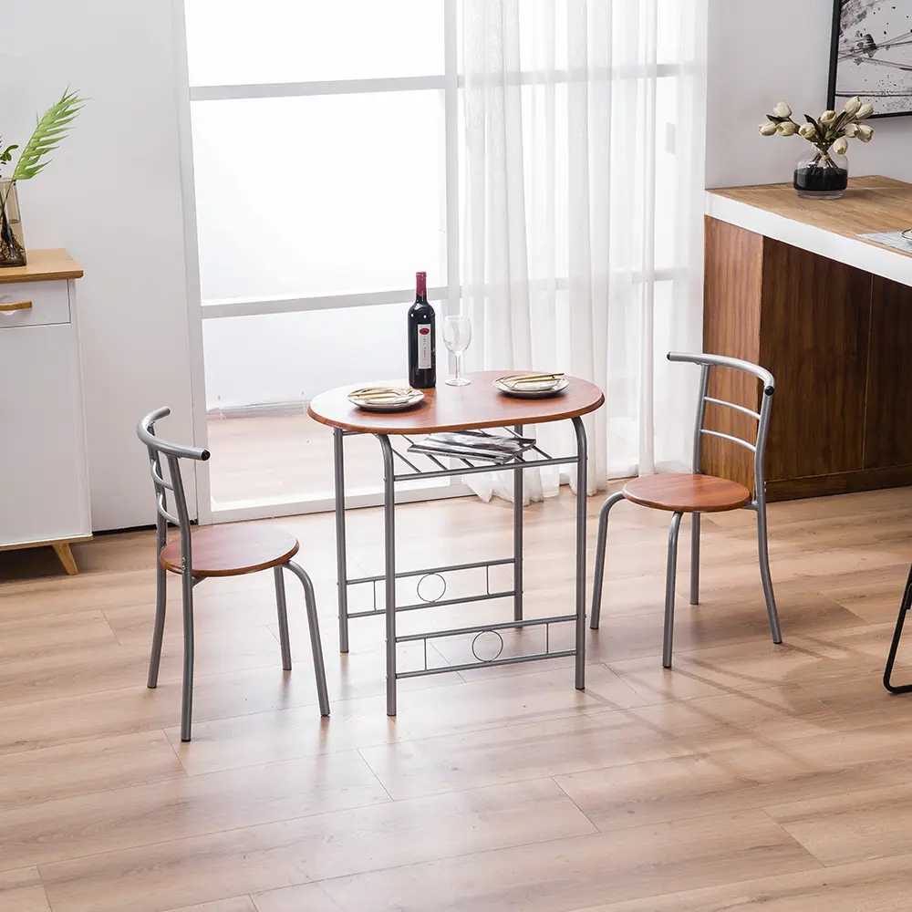 Space Saving 1 Table 2 Chairs Breakfast Table Set, Wood Grain PVC Oval Tabletop, Sturdy Silver Metal Construction, Built-In Undercounter Storage Grid, Ergonomic Backrest Chairs, Modern Mini Dining Furniture For Small Kitchen Entryway