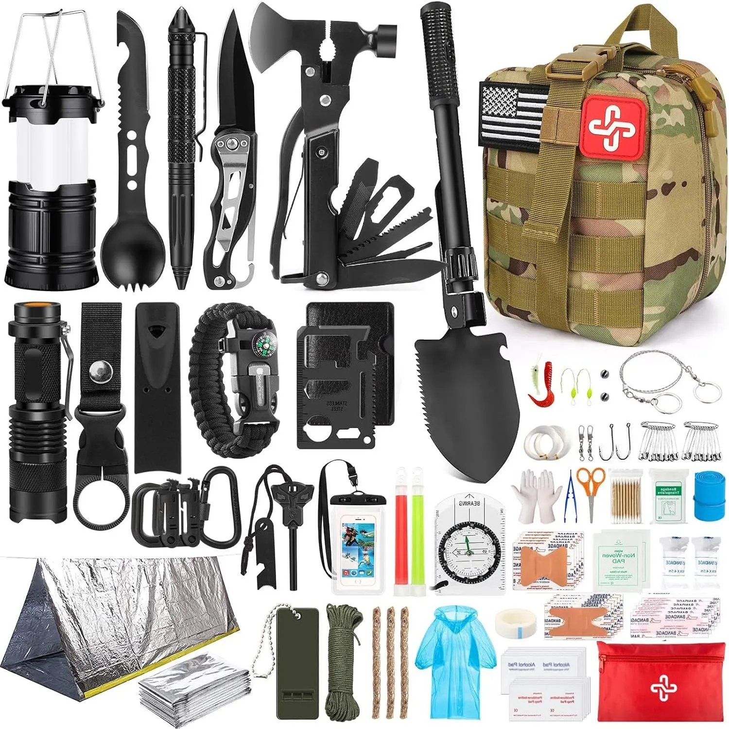 Survival Gear Kit (250-Piece) - Compact Tactical Emergency Preparedness Set with MOLLE Pouch, Emergency Tent & Comprehensive First Aid for Hiking, Camping