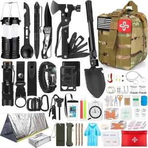 Survival kit, 250-piece survival equipment first aid kit, with MOLLE-compatible bag and emergency tent, suitable for earthquakes, outdoor adventures, hiking, hunting, unisex gift