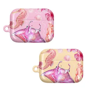 Ocean Theme AirPods Case – Watercolor Designs Featuring Manta Ray, Seahorse, Crab, Seashells & Tropical Flowers, Fits AirPods Pro (Gen 1/2) & AirPods (Gen 1/2/3), Perfect Gift for Ocean & Beach Style Fans