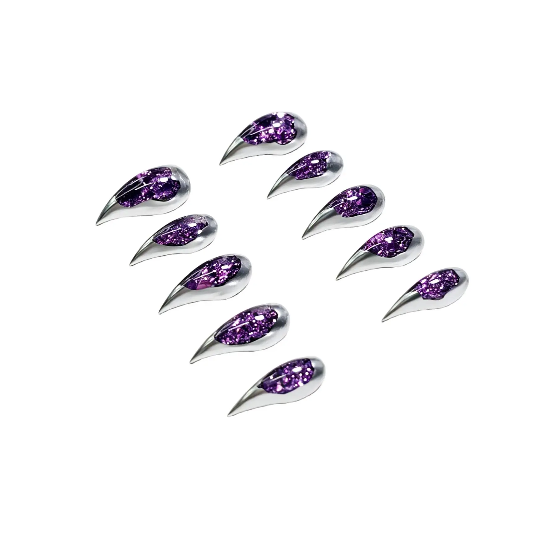 POPSOULnails Purple Cat Claw Press On Nails, 100% Handmade Short Natural False Nails, reusable Artisan-Crafted in 6+ Hours, 3D Floating Glitter Cavity Dynamic Liquid Aquarium Nails, Sharp Curved & Sturdy for Gothic, Rave, Cosplay & Party Looks