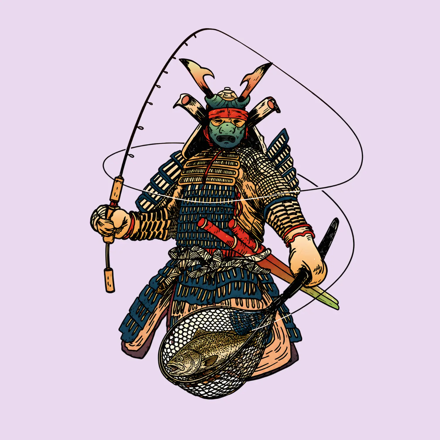 Samurai Fisherman Sticker, Japanese Warrior Fishing Vinyl Decal, Bass Fishing Samurai Art, Angler Gift, Waterproof Laptop Tumbler Tackle Box Sticker