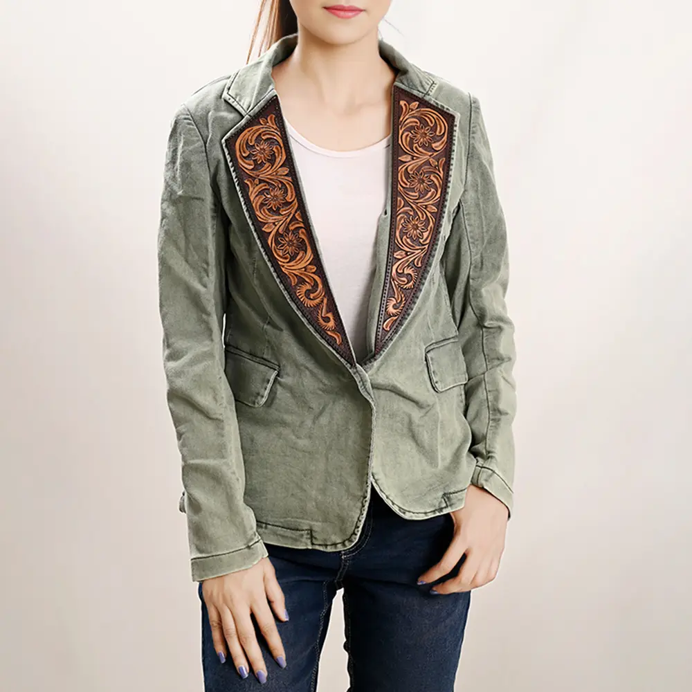American Darling Genuine leather Hand tooled carved Women 100% cotton Denim Blazer dress jacket | Vintage