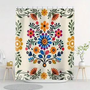 Bohemian Mexican Floral Shower Curtain Vibrant Polyester Design with Colorful Flowers & Green Leaves No-Drill Hanging Machine Washable for Bathroom Decor and Accessories Multicolor Exotic Punk Style
