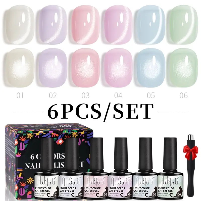 AWStorG 6Pcs/Set Light Color Cat Eye +Magnet Kit, Spring Trend Colors, UV Light Cure Gel, Nail Polish, Nail Art Salon Art DIY