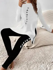 Two-Piece Set Women's Floral Print Long Sleeve Top & Skinny Pants, Casual Chic Top & Leggings for Spring & Fall, Women's Clothes for Daily Wear, Casual Lounge Set