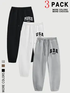 3-Piece Set Women's Letter Ada Usa Pattern Unisex Sporty Sweatpants, Casual Loose Fit Warm Winter Pants for Men & Teens