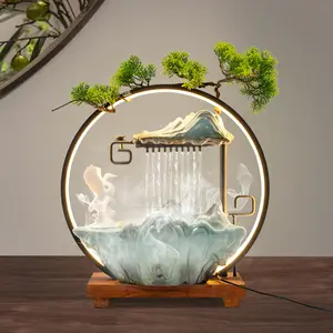 Compact Metal Tabletop Water Fountain - Rockery Waterfall Design, LED Lights, Atomizer, Wood Accents, Modern Feng Shui Decoration, Home Relaxation Aid for Living Room Ornaments