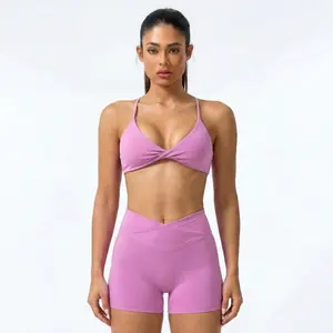 Seamless Sports Bra Front Knot Gathered Back Thin Straps, V Cross Waist Lift Hip Tight Fit Shorts, Suitable for Indoor Outdoor Fitness Running Yoga Strappy Workout Bra(send a gift)