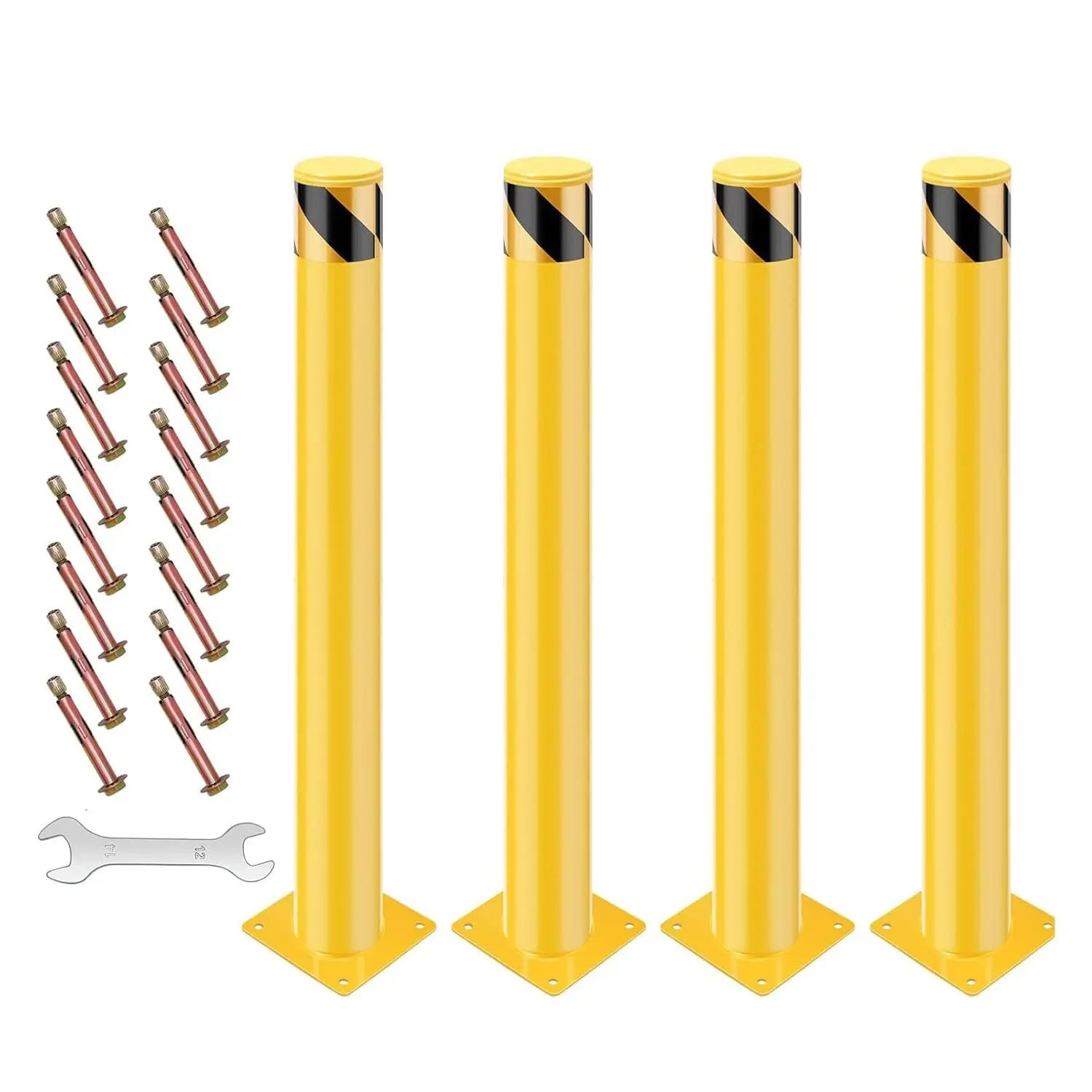 Yellow Safety Bollard Posts，42×4.5"Steel Removable Parking Barriers,Heavy-Duty Traffic Bollards for Driveways and Parking Includes Anchor Bolts, Wrench & Positioning Plate