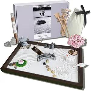 SRAYW Zen Garden Kit for Desk Decor.11x7.5'' Beautiful Japanese Mini Zen Garden Meditation Gifts Set for Home,Office Desk&Meditation Room.6 Tools & 18 Accessories.Zen Sand Tray Therapy