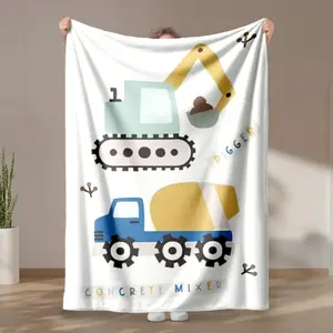 1 piece Children's engineering vehicle excavator and concrete mixer truck simple line drawing themed flannel blanket - Modern design geometric pattern flannel sofa blanket, suitable for beds and sofas, all-season use, super soft and comfortable