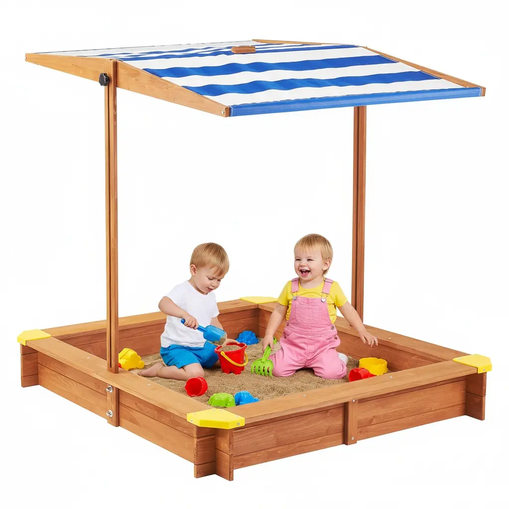 46-Inch Natural Cedar Above-Ground Canopy Sandbox (Light Brown, Unisex) - Durable Choice with Seat, Adjustable Canopy, Weatherproof Cover, Backyard Use Pool Water & Sand Toy for Kids, Imaginative Play Encourager