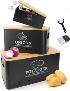 Sturdy Bamboo Lid Stackable Kitchen Vegetable Storage Set (3-Piece), Metal Onion Garlic Potato Keeper Containers with Aerating Holes (Black)
