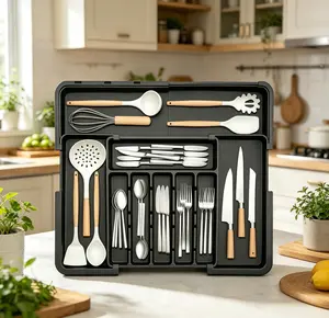 Silverware Organizer Expandable Diningware storage box with 9 Compartment for Spoons Forks Knives