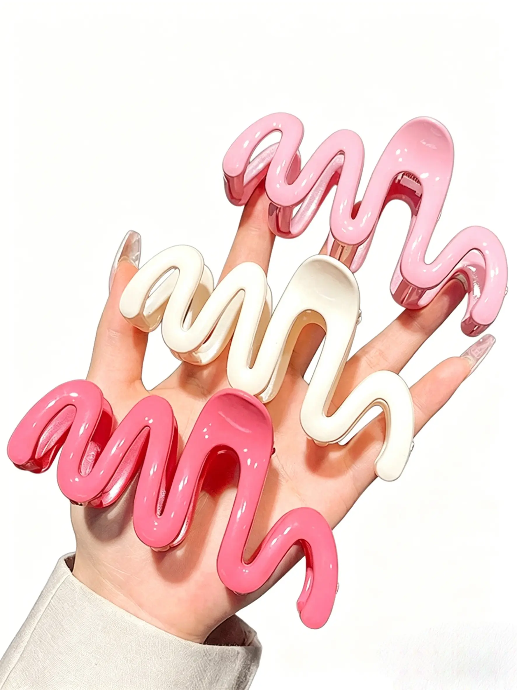 3Pcs Wavy Glossy Hair Claw Clips Set, Claw Clip Pack, Cute Curved Claw Clips for Women Girls, Aesthetic Hair Accessories for Thick Hair