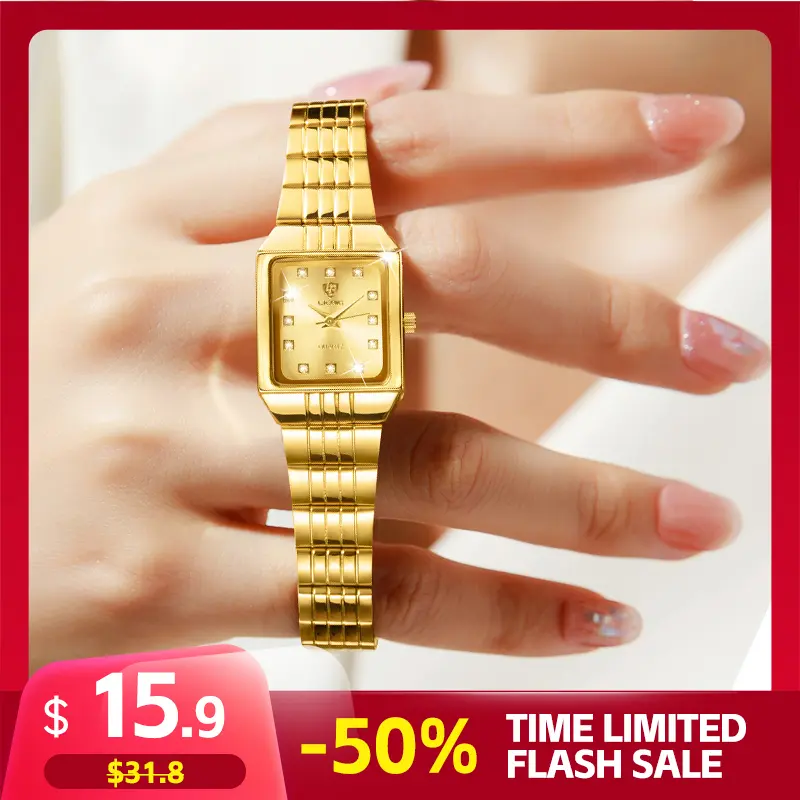 LIEBIG Women's Elegant Rectangle Analog Gold-Dipped Quartz Watch - 22mm Dial, Hardlex Glass, Stainless Steel Strap, Luxury Minimalist Designer-Style Classical Alloy Bracelet-Style Watch, 30M-50M Water Resistance, Versatile for Daily Wear, Bracelet-Style Q