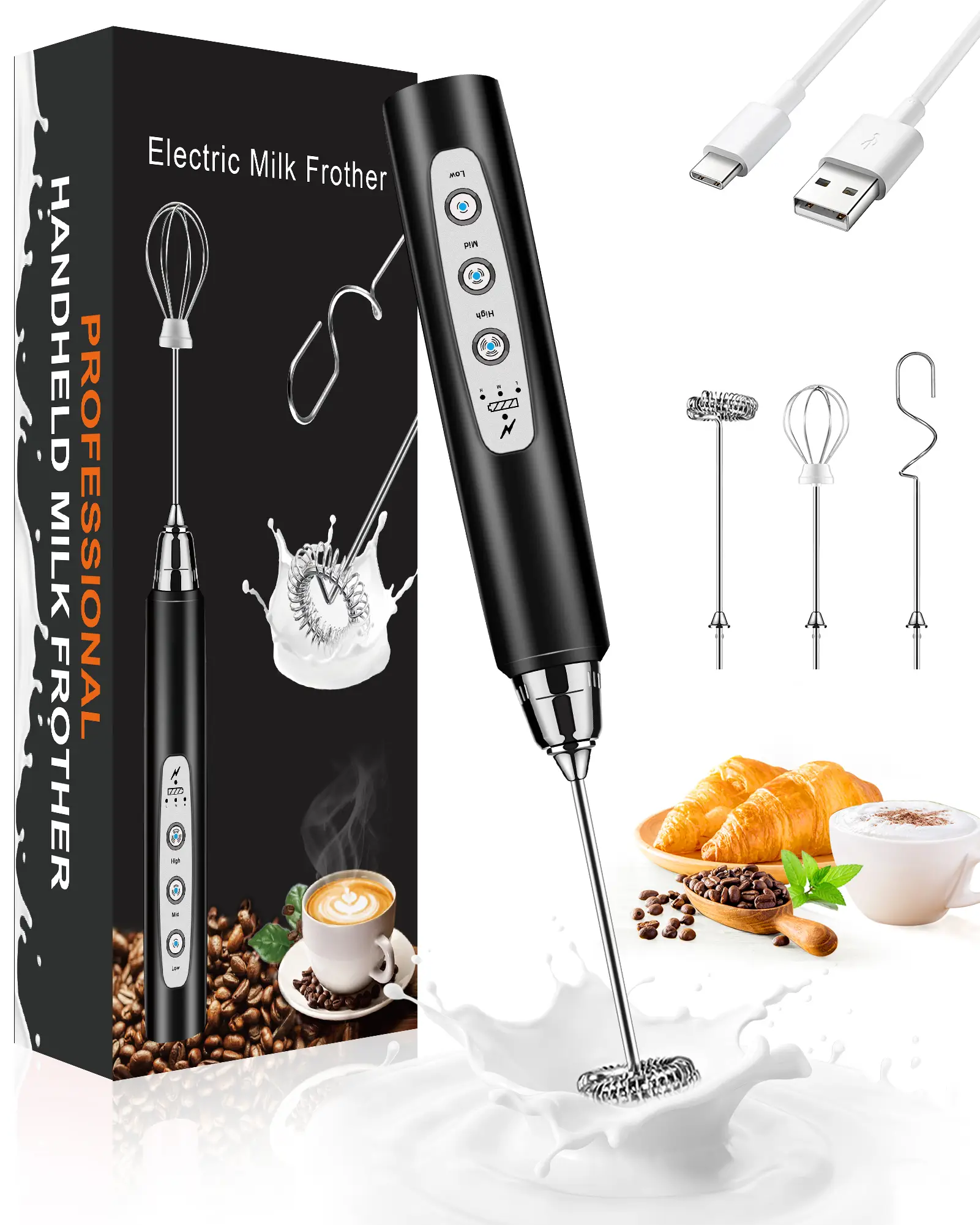 Rechargeable Milk Frother, Handheld Coffee Mixer with 3 Whisk Heads & 3 Speeds, Electric Milk Bubbler, Detachable Stainless Steel Whisk for Latte, Cap