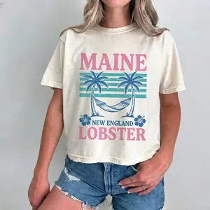 Maine lobster aesthetic shirt, coastal new england vibe, seafood lover outfit, summer travel boxy tee