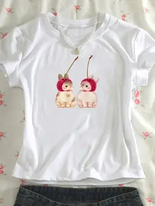 Women's Cute Cherry Bunny Graphic Crop Top | Slim Fit Y2K Aesthetic Baby Tee | Soft Stretchy Casual Streetwear | Coquette Kawaii Style for Sweet Looks