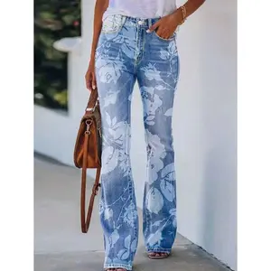 Women Floral Printed Bootcut Jeans High Waisted Stretch Baggy Retro Flare Bell Bottom Denim Pants Womenswear Fit Trouser Streetwear