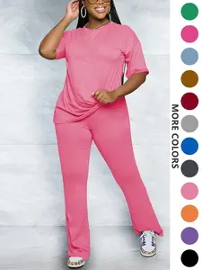 Women's Solid Drop Shoulder Fitted Tee & Pants Two-piece Set, Casual Fashion Cozy Half Sleeve T-shirt & Trousers for Daily Outdoor Wear, Women's Clothing for Fall