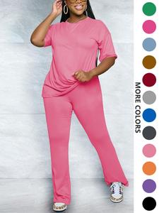 women's solid drop shoulder tee & pants two-piece set, casual fashion cozy half sleeve t-shirt & trousers for daily outdoor wear, women's clothing for fall, womenswear