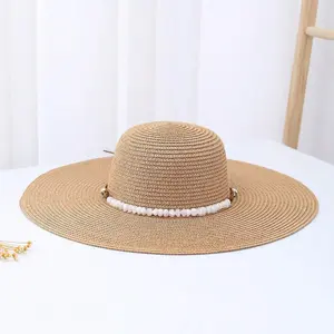 Summer Pearl Strap Straw Hat for Women, Outdoor Wide-Brim Sun Hat, Breathable and Sun-Protective