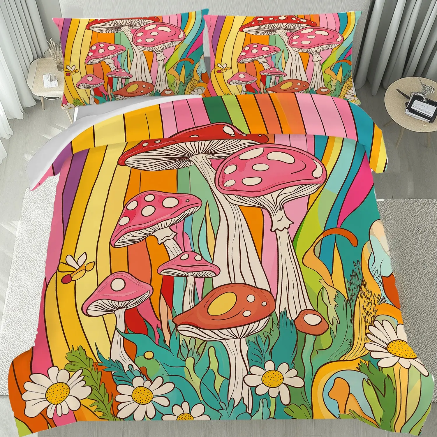 3 Piece Colorful Dream Mushroom Bedding Set, Easy Care Wrinkle Resistant, Soft Comfortable Breathable for Double Bed, Comfy Bedding Sets