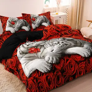 Rose White Tiger Duvet Cover Set, Soft and Comfortable, Extra Large, Red Blue Rose Floral Bedding Set, Decorative Bedding Set, (1*Duvet Cover + 2*Pillowcase,No Comforter, No Pillow Core) Bedroom Decor, Essentials