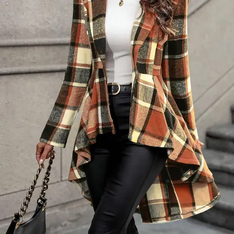 Women's Plaid Print Button High Low Hem Fitted Casual Fashion Jacket Coats, Casual Long Sleeve Lapel Neck Open Front Outerwear for Fall & Winter, Ladies Clothes for Daily Wear, Womenswear Everyday, Tight Fitting Jacket