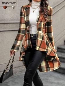 women's plaid print button high low hem jacket, casual long sleeve lapel neck open front outerwear for fall & winter, ladies clothes for daily wear