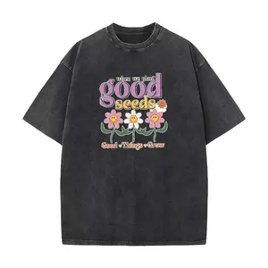 "When We Plant Good Seeds Good Things Grow" Smiley Flower Washed Cotton T-Shirt, Unisex Vintage Streetwear, Positive Affirmation Gift
