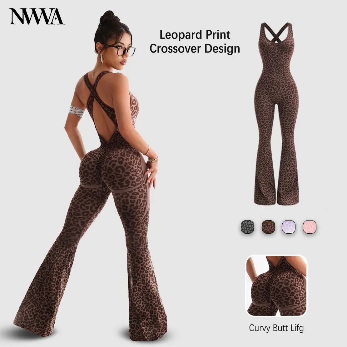 NVWA Women's Leopard Print Flared Sports Jumpsuit - Backless Hollow Cross-Twisted Back, High-Waisted, Cooling Quick-Drying, Figure-Flattering Sports Clothes for Yoga, Gym - Workout Apparel, Outfits, Women's Clothing