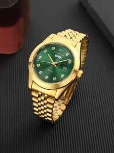 RICECGO Men's Quartz Watch, Modern Fashionable Wristwatch, Luxurious solid gold finish, Round Dial, Diamond-set hour markers, Features day and date display, Limited-time offer, Quartz Analog Watch, Modern Trendy Watch