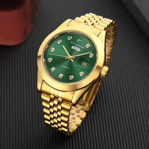 RICECGO Men's Quartz Watch, Modern Fashionable Wristwatch, Luxurious solid gold finish, Round Dial, Diamond-set hour markers, Features day and date display, Limited-time offer, Quartz Analog Watch, Modern Trendy Watch, Fashion Wristwatches