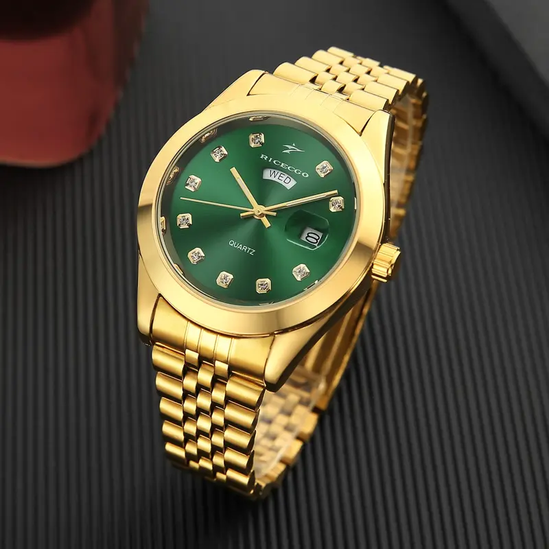 RICECGO Men's Quartz Watch, Modern Fashionable Wristwatch, Luxurious solid gold finish, Round Dial, Diamond-set hour markers, Features day and date display, Limited-time offer, Quartz Analog Watch, Modern Trendy Watch, Fashion Wristwatches