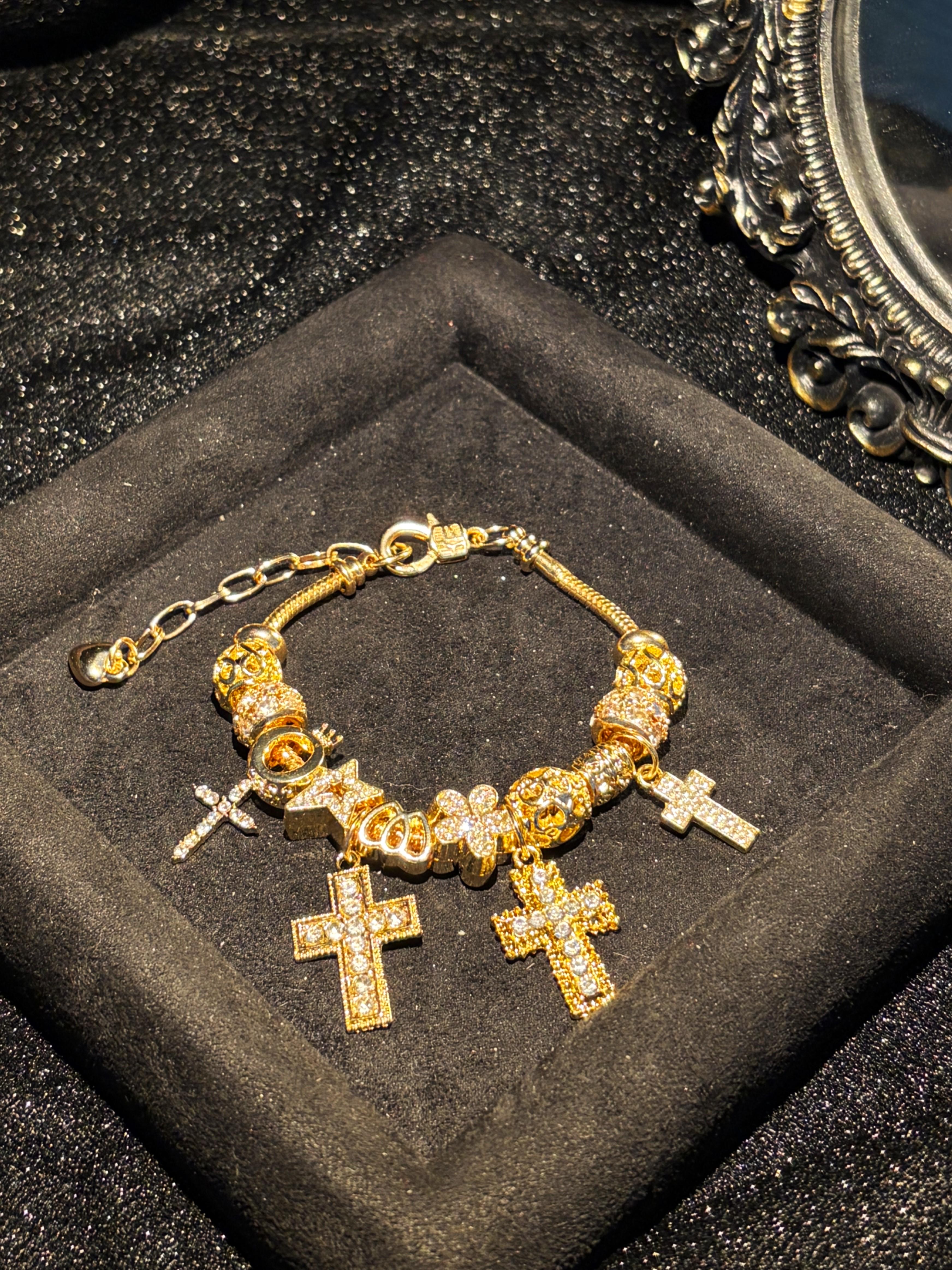 Women's Gold Tone Charm Bracelet, Sparkling Cross & Flower Rhinestone Charms Bangle for Daily Party Wear Women's Gold Tone Charm Bracelet, Sparkling Cross & Flower Rhinestone Charms Bangle for Daily Party Wear