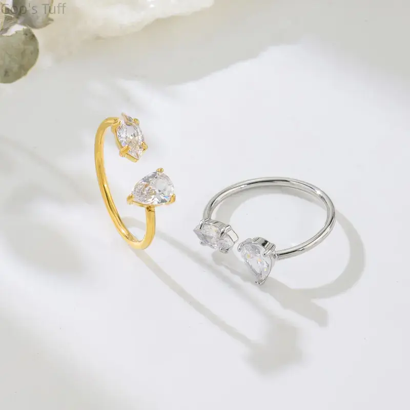 Non-Tarnish Stainless Steel Ring for Women, Elegant Pear Cut Zircon Adjustable Open Cuff for Everyday Ring Stacks, Hypoallergenic Dainty Fashion Jewelry, Ring Stack